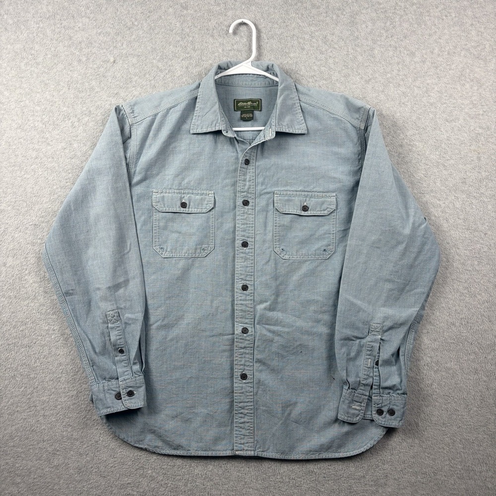 Eddie Bauer Shirt Mens Large Blue Chambray Button Up Workwear Painter Two Pocket
